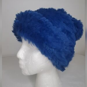 SAKS FIFTH AVENUE Womens Luxurious Rabbit Fur Dyed Blue Finish  Hat
